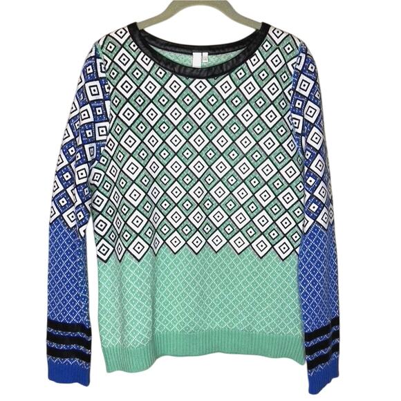 Si Iae Womens Diamond Print Crew Neck Sweater Faux Leather Trim Size Large - Picture 1 of 8